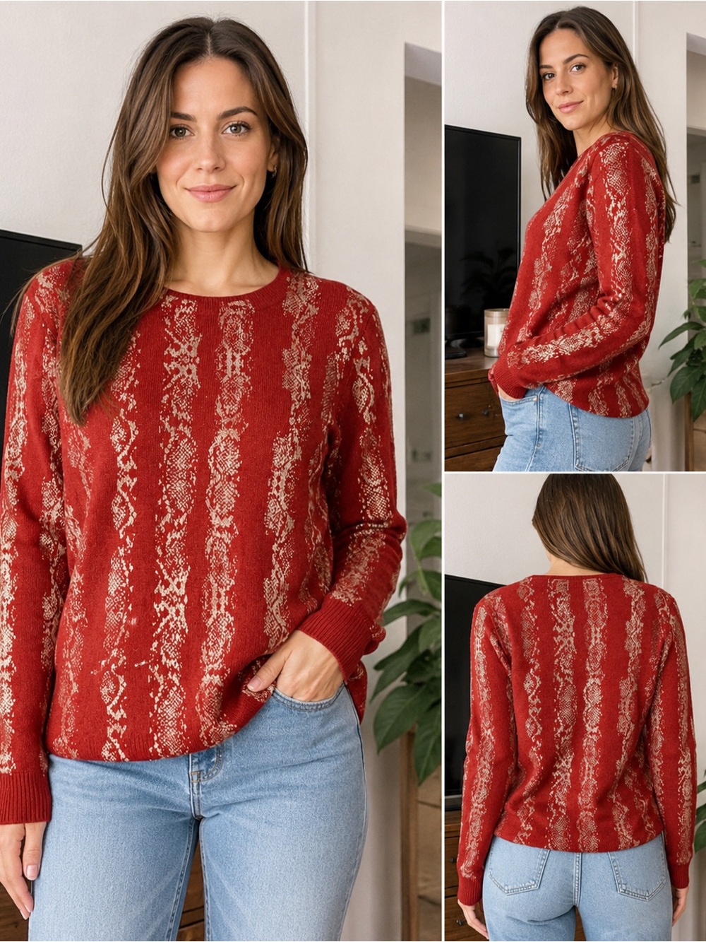 Brodie Cashmere Snake Stripe Sweater Red Metallic Python Print Crewneck - Large